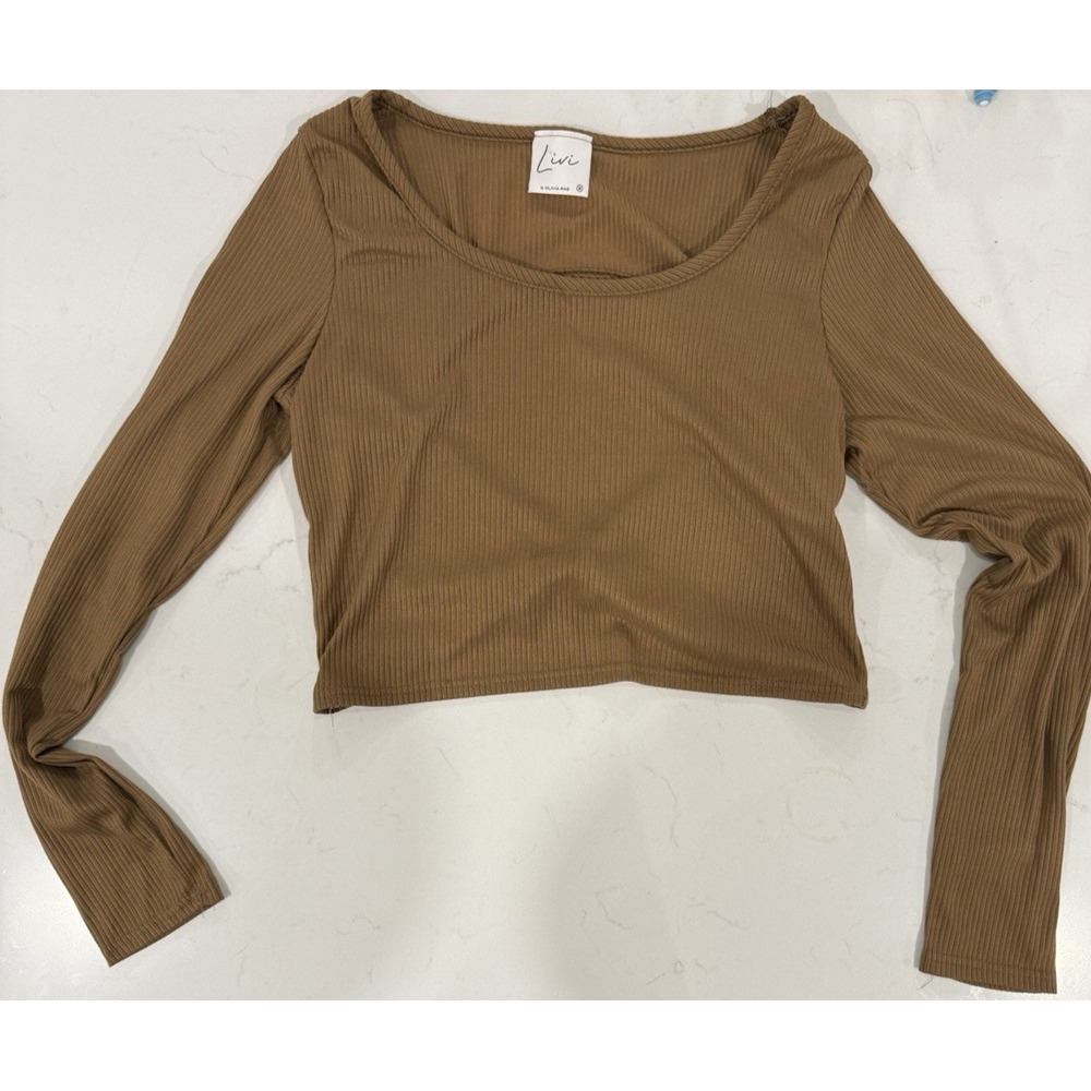 LIVI by Olivia Rae Top Medium Brown Ribbed Cropped Long Sleeve Open Back Cut Out